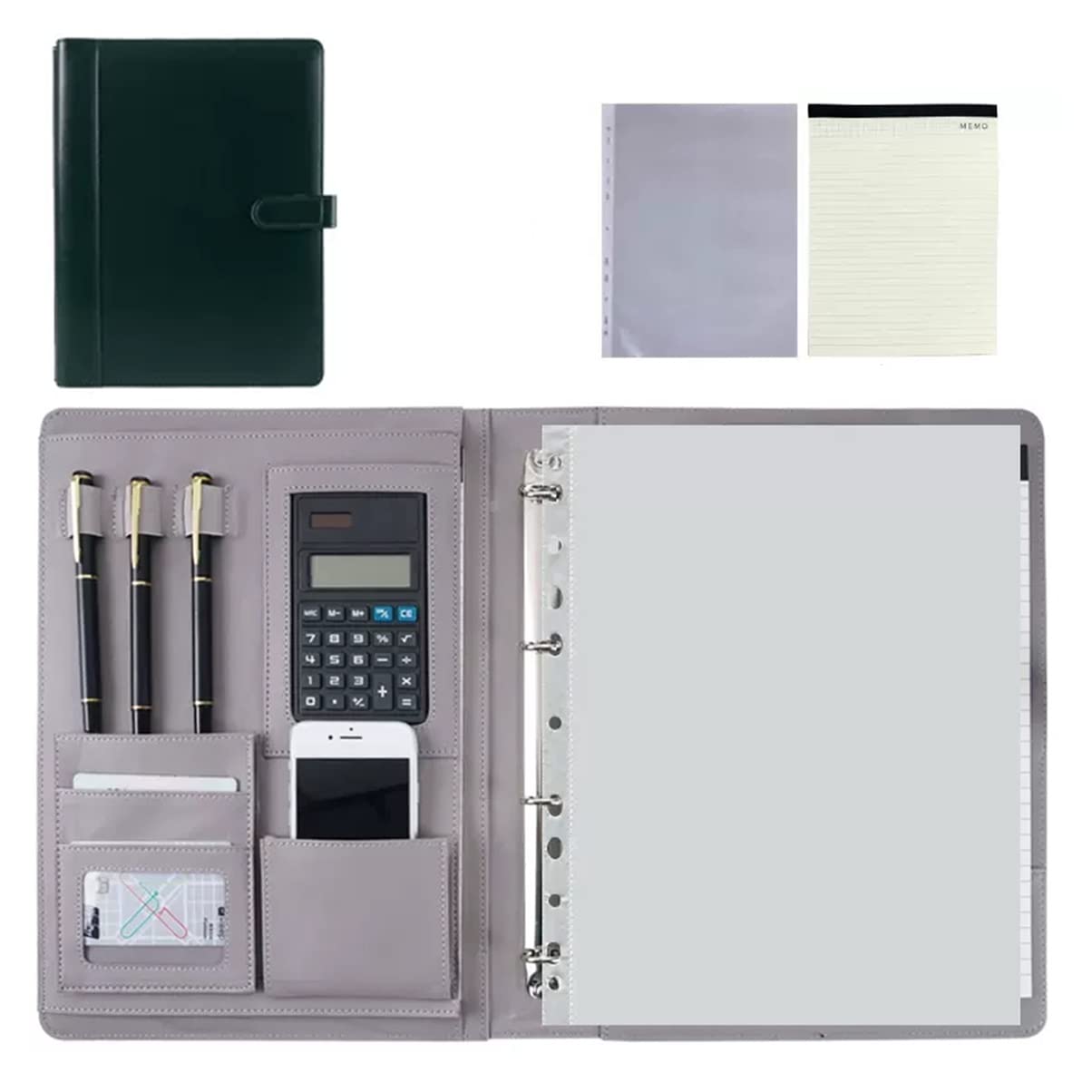Teczka konferencyjna Organizer na dokumenty， Teczka A4 z schowkiem i miejscem do przechowywania, teczka konferencyjna A4 z segregatorem 4-ringowym(Dark Grey,8digit calculator)