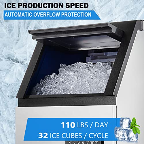 Topdeep Commercial Ice Maker Machine 110Lbs/24H With 33Lbs Storage Capacity, Stainless Steel Freestanding Ice Machine Automatic Operation- Ideal For Home, Restaurants, Bars Ice Making #TOP1