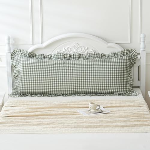 Green/White Plaid Ruffled Body Pillow Sham Washed Cotton Shabby Checkered Gingham Pillow Cover 20"x54"