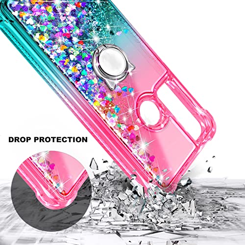 Nznd Case For Tcl 30V 5G With Tempered Glass Screen Protector (Maximum Coverage), Ring Holder/Wrist Strap, Glitter Liquid Floating Waterfall Durable Girls Kids Women Cute Phone Case (Pink/Aqua) #TOP2