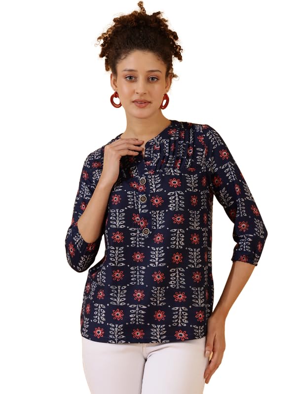 Image of Women's Cotton Printed Kurta Top | 3 /4 Sleeve Straight Kurti Casual Outings