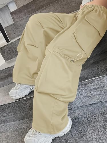 Image of Girls Cargo Pants Wide-Leg Straight Streetwear, 6-14 Years | Elastic Drawstring Vintage Baggy Pants Y2K School Casual