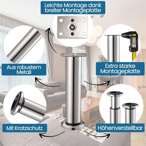 Stahlia Möbelfüße verstellbar Tischbeine Metall Edelstahl Optik 120-190mm (4er Set) Ø38mm Bettfüße Füße für Möbel Sofa Füße Möbelerhöhung Schrankfüsse Möbelbeine
