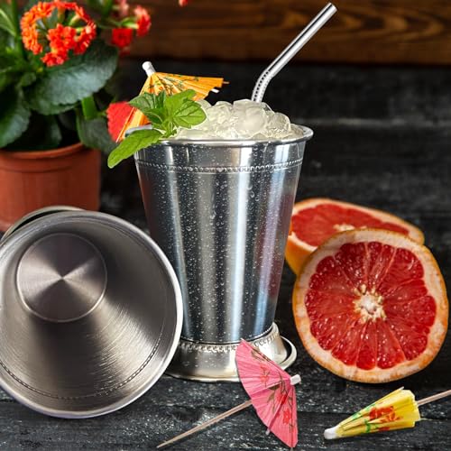 12 Sets Mint Julep Cups Silver with Straws 12 oz Stainless Steel Drinking Cups Beaded Mint Julep Cups Metal Cocktail Glasses with Straws and Drink Picks for Mint Julep Cocktails Beer Juice Beverage