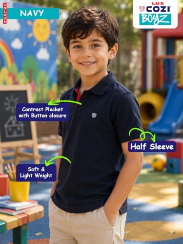 Image of Lux Cozi Boy's Polycotton Polo T-Shirt | Solid Collared Half Sleeve Tee for Kids | Soft Breathable Summer Wear | Casual Smart Polo T-Shirt | 3-14 Years
