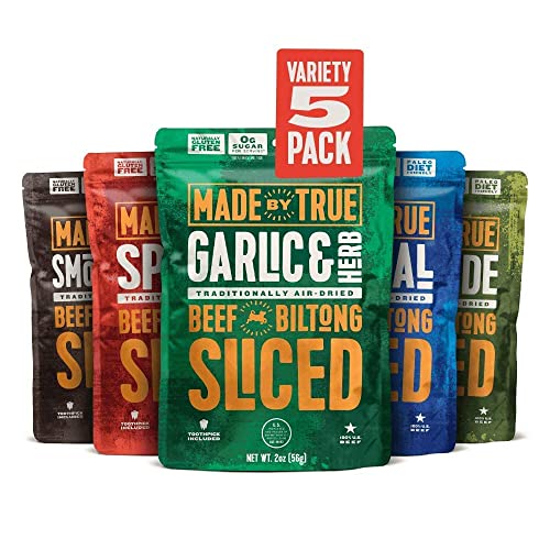 Made By True Beef Sliced Bites Ultimate Variety (2 Ounce, Pack Of 5) - All Natural, Zero-Sugar True Jerky Biltong - High Protein, Keto, Paleo & Whole 30 Diet - Sugar-Free, Gluten-Free, Carb-Free #TOP20