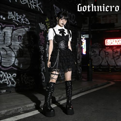 Image of Gothniero High Platform Knee Boots Chunky Heel Wedge Black Boots For Women Combat Goth Punk Motorcycle Booties Zip up With Metal Buckles Size5-11