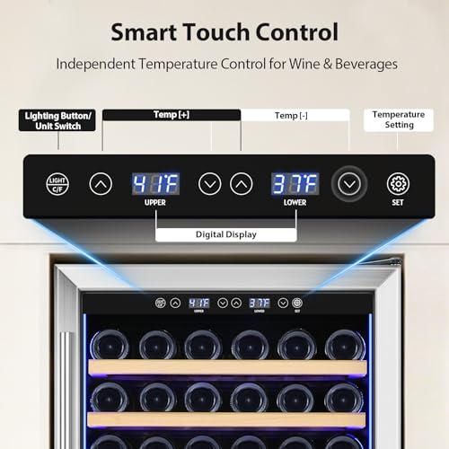 Image of ORYMUSE 24 Inch Dual Zone Wine and Beverage Refrigerator, 180 Can / 77 Bottle Capacity Built-In Freestanding Wine Fridge with Glass Door, Drink Cooler for Kitchen Home Bar, Blue LED Light