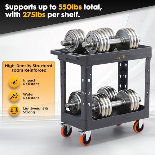 Image of ELAFROS 2-Tier Heavy Duty Utility Rolling Cart, 34 x 17 in, 5 inch Wheels, Gray