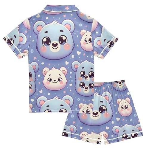ALAZA Cute Cartoon Bear Heart Pajamas Satin Pajama Set Short Sleeve Button Down Sleepwear2