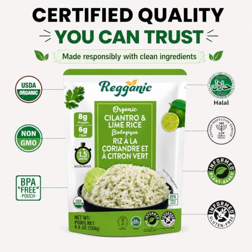 Image of Regganic Organic Cilantro & Lime Rice - USDA Organic Ready to Eat Rice, 8g Protein & 6g Fiber per Pouch, Microwave Rice Ready in 1.5 Minutes, Vegan Gluten-Free Non-GMO, 8.8 oz Pack of 6