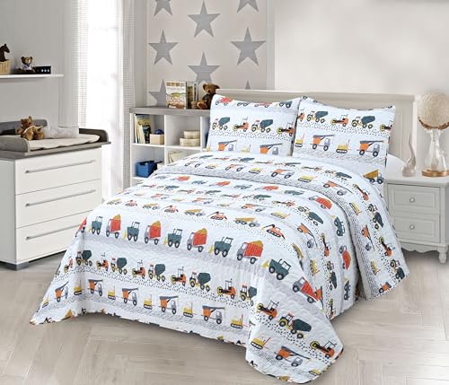 Kids Zone Collection Kids/Teens Qulited Bedspread Set Construction Vehicle with Trucks and Tractors Pattern White Twin New # Loader