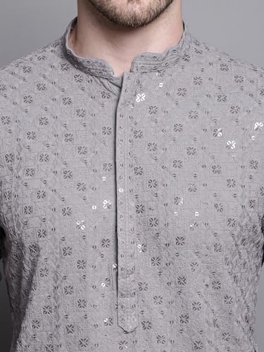Image of Jompers Men's Geometric Sequin Embroidered Pure Cotton Kurta with Pyjamas Set