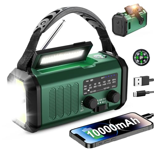 Hand Crank Emergency Radio, NOAA Weather Radio with AM/FM Solar Radio,10000mAh Rechargeable Battery Powered, USB-C Charger, Flashlight, SOS Alarm, for Camping, Hurricanes Outdoor Survival Emergencies