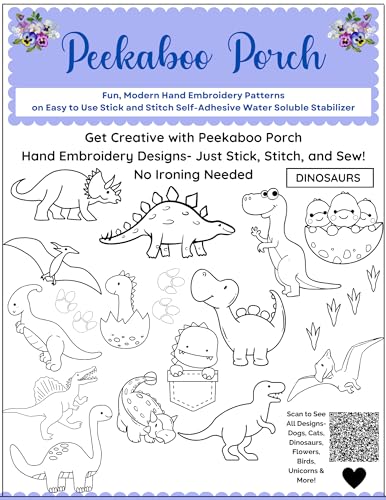 Image of Dinosaurs Assorted Ready-to-Use Embroidery Design Transfers on Stick and Stitch Water Soluble Sewing Stabilizer Paper for Hand Embroidery Kit Thread Art Projects (Dinosaurs)