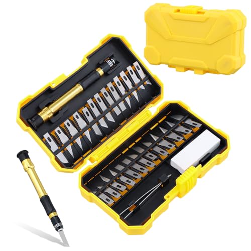 Wisebom Juego de Cuchillos Artesanales, 29 Piezas Juego de Bisturí Juego de Cuchillos de Precisión Adecuado con Cuchillas de Recambio para la Creación de Arte de Bricolaje Tallado (Amarillo)