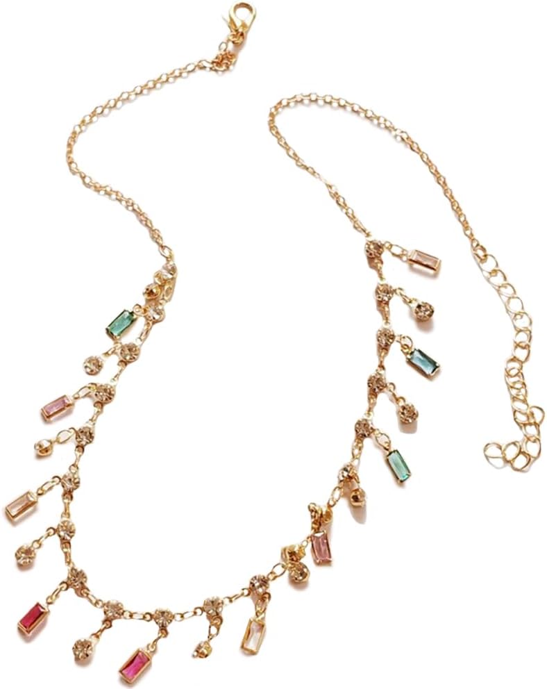 Dainty Cubic Zirconia Charm Choker Necklace for Women Rainbow with Multi-color Rectangle Dimond Round Solitaire Dangling Adjustable Chain Necklaces Gorgeous Jewelry Gifts Birthday