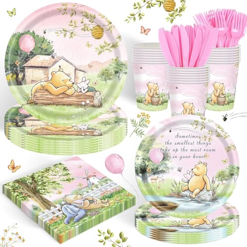Image of 120PCS Pink Classic Winnie Bear Party Supplies Babyshower 1st Party Decorations for Kids Girls Birthday Neutral Bear Plates Napkin Cups Tableware Set for 20 Guests