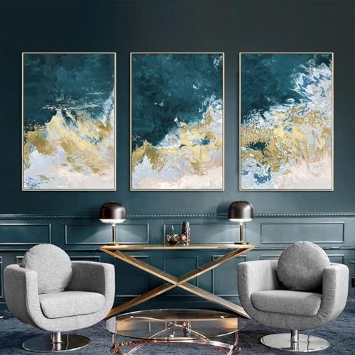 Toile abstraite bleu et or pour salon | Grand tableau moderne 80x110cm