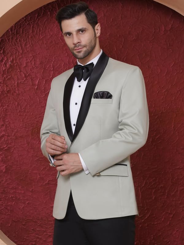 Image of FAVOROSKI Tuxedo Blazer for Men with 2 Pockets | Rayon Slim Fit Blazers | Ethnic Wear Tuxedos | One Button Solid Tuxedo Blazers in Shawl Collar | Blazer for Wedding, Festive, Formal
