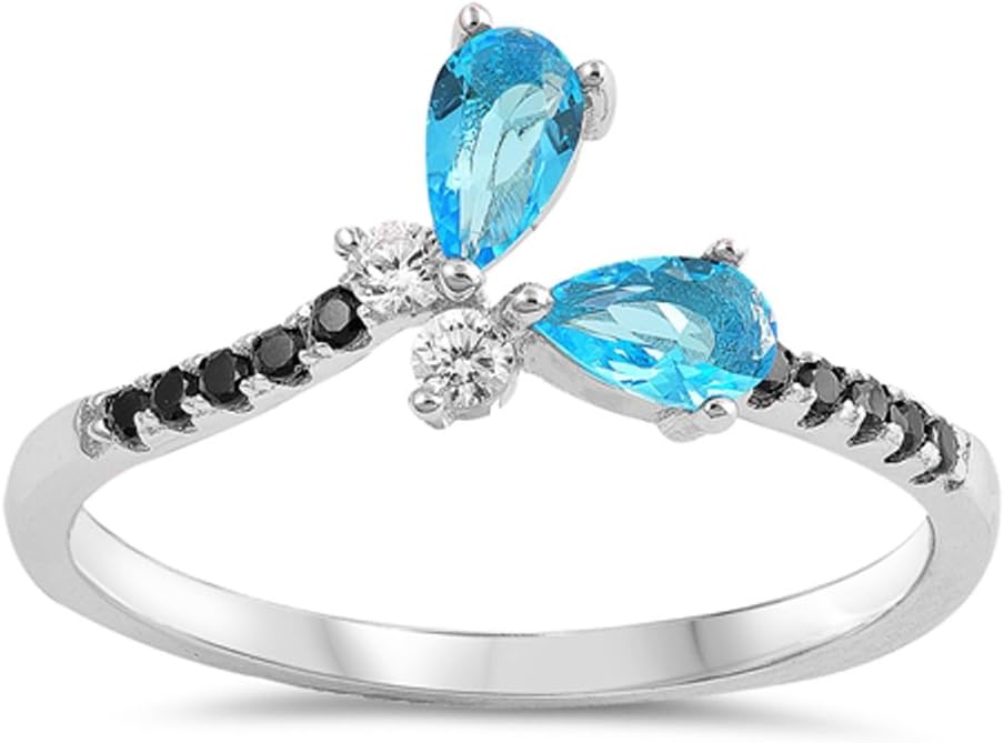Blue Simulated Topaz Teardrop Colorful Dainty Ring .925 Sterling Silver Band Sizes 4-10
