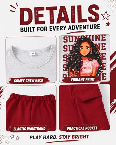 Image of Tween Girls Clothes Short Sleeve Graphic T-Shirt Top + Cargo Pants 2pcs Outfit Set, Size 7-15Years