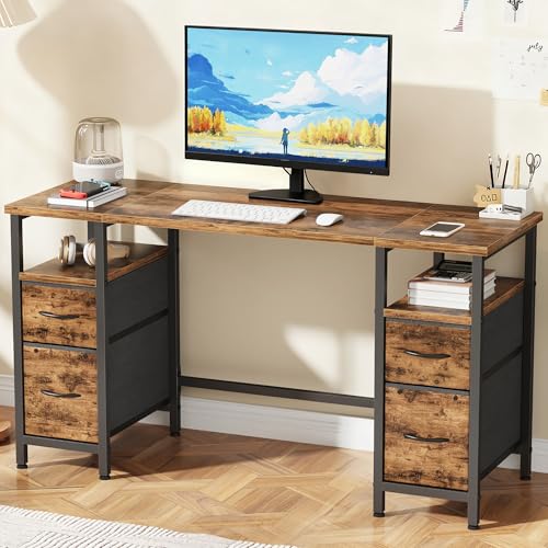 YAOHUOO Office Desk with 4 Fabric Drawers, 55'/140 Desk with File Drawers, Computer Desk with...