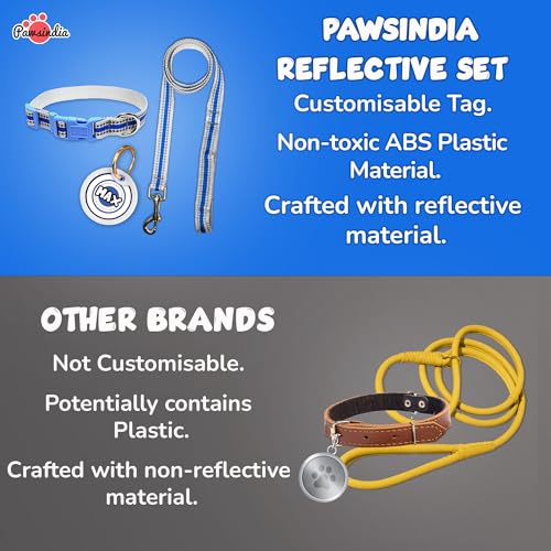 Image of Pawsindia Leash and Collar with Name Tag for Dogs, Reflective Blue 0.75 Inche Width Adjustable Collar and 4 Feet Heavy Duty Leash with Customize Nametag