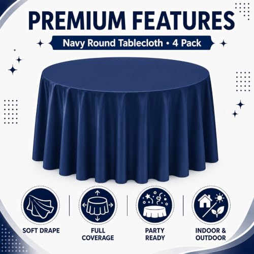 Image of WNINK 4 Pack Navy Blue Round Tablecloth, 84 Inch Disposable Plastic Table Covers, Navy Blue Round Table Cover for Birthday Parties, Holiday, Picnic, BBQ, Family Gathering Party Supplies