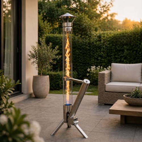 Eden Outdoor Feuerrohr Klassik Edelstahl Feuersäule und Pelletfackel Elegante Terrassenheizer und Gartenkamin stilvolles Terrassenfeuer langlebig und wetterfest Alternative für Deine Terrasse