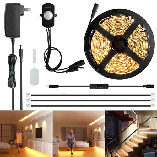 Sensky 19.7ft/6m Motion Activated LED Strip Light Kit Flexible LED Strip Motion Sensor for Bedroom, Gun Safe, Under Cabinet, Under Bed, Pantry, Kitchen, Stairway, Closet(Warm White 3000-3500K)