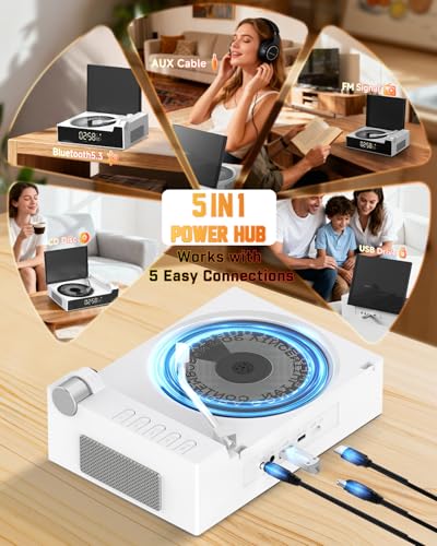 Qobayleo 9-in-1 Portable Retro CD Player for Home with Built-in Hi-Fi Dual Stereo Speakers, Bluetooth, FM Radio, Remote Control & Timer, LED Display, Support USB/AUX/Type-C, Festival Gift, White — view 4