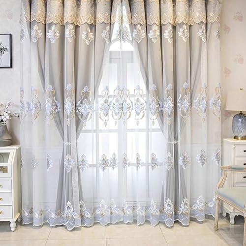 Rideau de style européen double couche uni et fleurs brodé luxe