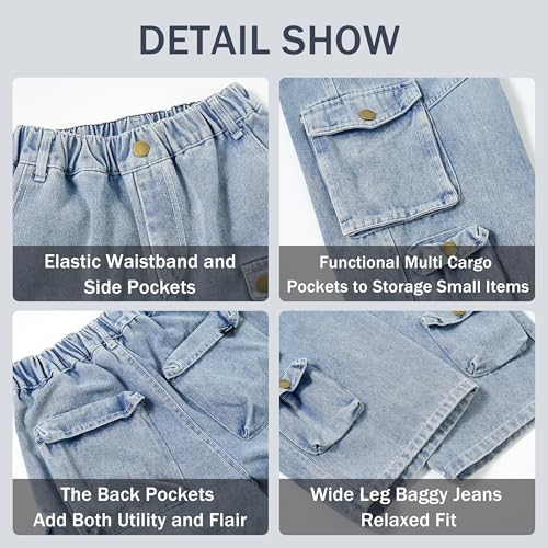 Image of Rolanko Girls Cargo Pants Baggy Y2K Cargo Trousers Jeans Wide Leg Pants with Multi Pockets 4-15 Years