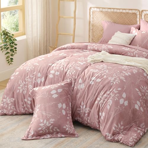 Image of Bedsure Rose Pink Queen Comforter Set - 7 Pieces Floral Bedding Sets Queen Bed in a Bag with Reversible Botanical Flowers Comforter, Sheets, Pillowcases & Shams