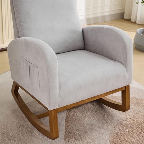 Image of Rocking Chair Nursery, Glider Rocking Accent Chair with Wood Legs, High Back Pocket Modern Upholstered Nursery Chair, Comfy Accent Rocker Armchair for Living Room Bedroom, Light Gray