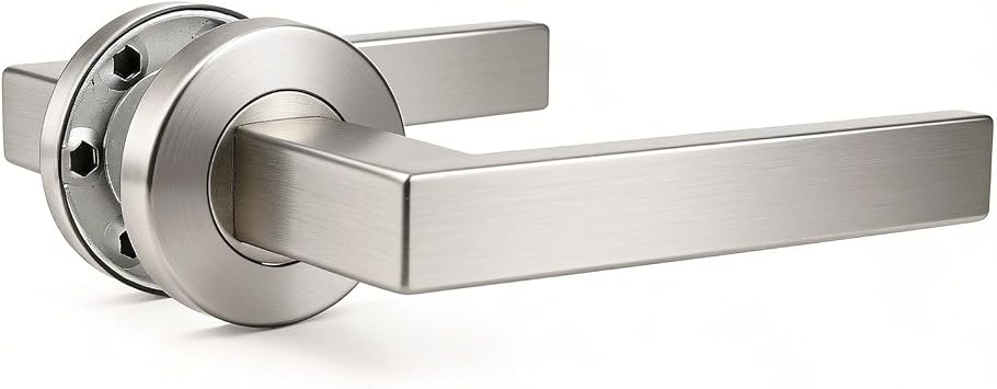 Satin Nickel Interior Door Handle, Square Lever with Round Base, Handle Set Only No Latch No Lock for Hallway & Passage