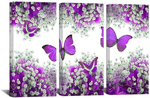 Biuteawal 3 Panel Purple Canvas Print Butterfly Wall Art Romantic Flower Painting on Canvas Contemporary Artwork for Home Kitchen Living Room Bedroom Wall Decor Ready to Hang