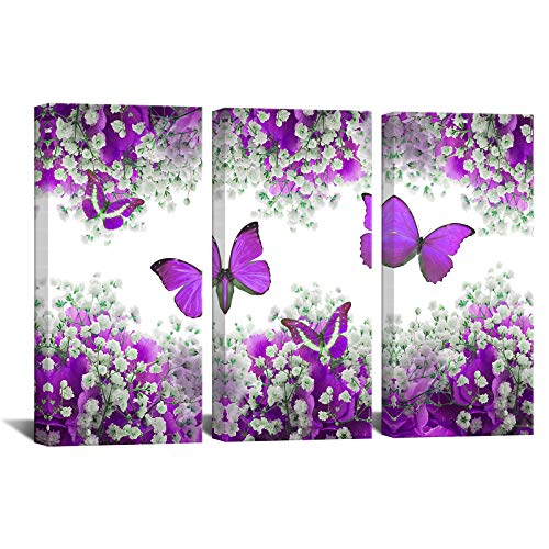 Biuteawal 3 Panel Purple Canvas Print Butterfly Wall Art Romantic Flower Painting On Canvas Contemporary Artwork For Home Kitchen Living Room Bedroom Wall Decor Ready To Hang #TOP27