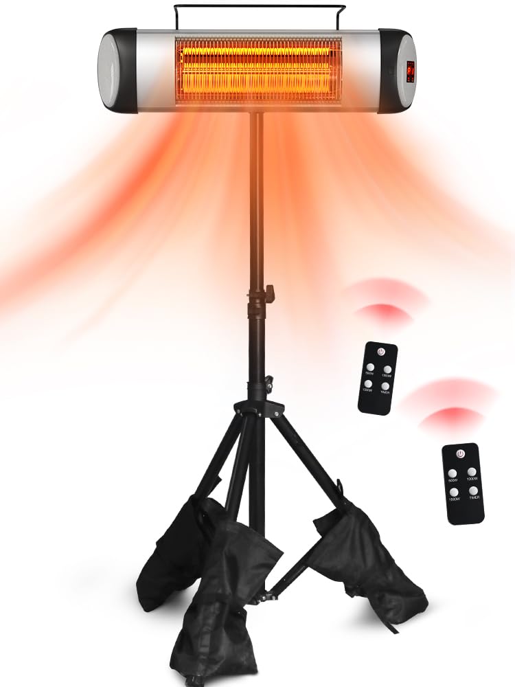 Electric Patio Heater for Garage Outdoor use Infrared Heater with Carbon Fiber Tube 500W/1000W/1500W Adjustable Height with Tip-over Over-heat Protection 24H Timers Remote Control