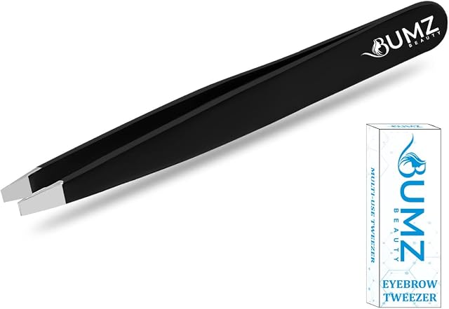 BUMZ Beauty Tweezers for Facial Hair Women Stainless Steel Eyebrow Tweezers Slanted Tip for Accurate & Precise Grooming of Eyebrows Professional Tweezers for Men, Black