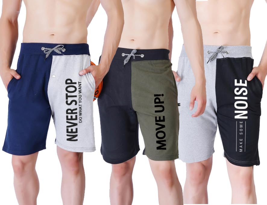 hotfits Men's Black, Blue & Green Gym,Training, Workout, Sporty Rest Day Cotton Regular Shorts - Pack of 3-picture-18