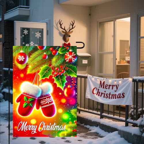 Image of BlissYard Christmas Garden Flag 12x18 Inch Red Mittens Holly Yard Decor | Double sided polyester, red mittens holly design, cozy winter home decor for Christmas porch and yard