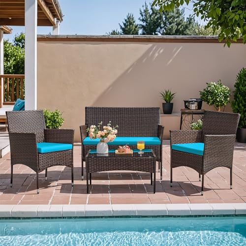 Image of Homall 4 Pieces Patio Rattan Chair Wicker, Outdoor Indoor Use Backyard Porch Garden Poolside Balcony Furniture Sets (Blue)