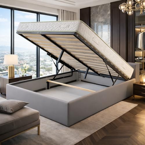 Literie Julien Ensemble Lit Coffre et Matelas 140x190 cm - Couleur : Gris - Sommier Relevable avec Vérins Hydrauliques - Matelas Haute Densité Confort Souple...