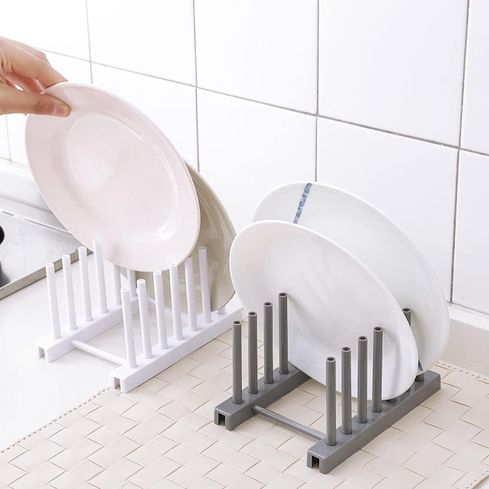 Küchenaufbewahrungsständer aus Kunststoff, für Geschirr, Teller, Schüssel, Tassen, Topfdeckel, Trockengestell, Schneidebrett, Abtropfhalter für Schrank und Arbeitsplatte (grau)