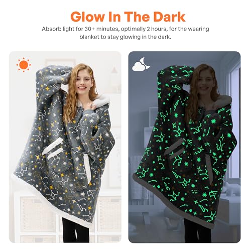 Image of Giggling Getup Wearable Blanket Hoodie for Adults Gifts for Teen Girls Sister Women Sherpa Fleece Printed Hooded Blanket Sweatshirt Warm Cozy with Pocket & Sleeves Grey Glowing Stars