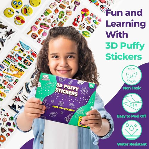 3D Stickers for Children - 45 Puffy Sheets with 1300+ Kids Sticker - Perfect for Party Bag Fillers, Scrapbooking, Fun with Stickers of Cars, Letters, Numbers, Dinosaur, Stars, Alphabet & More