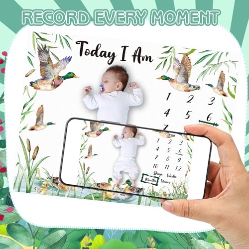 Image of Mallard Duck Monthly Milestone Blanket for Baby Boy Flannel Newborn Infant Swaddle Growth Chart Photography Background with Baby Birth Signs, Felt Frames, Bibs