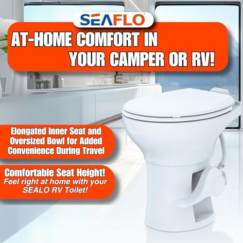 Image of SEAFLO Porcelain RV Toilet with Elongated Bowl, 19 inch Residential Height, Gravity Flush, Foot Pedal Flush, Soft Close Seat, Easy Install, Camper Toilet, 4-Year Warranty, SFRTCH-02-01